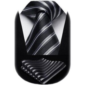 Mens silk stripe tie and pocket square set formal business wedding suit accessor